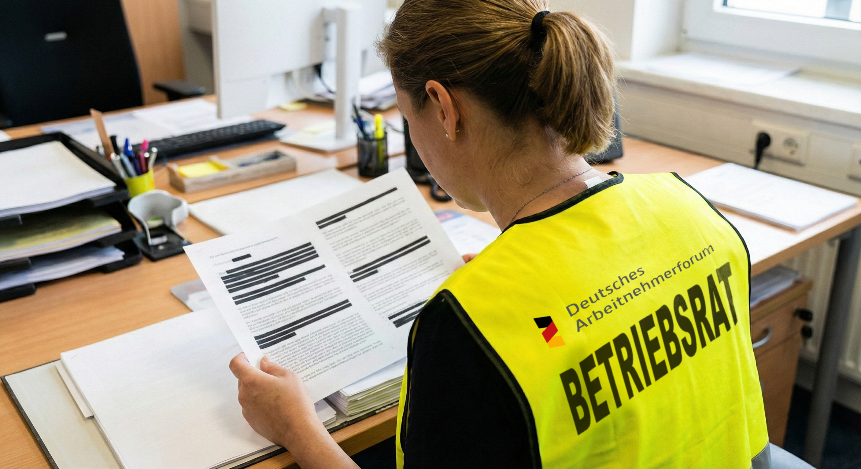 Betriebsrätin mit geschwärztem Dokument